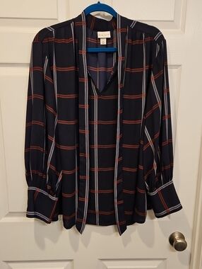Ava & Viv Navy Plaid Tie-Neck Long-Sleeve Blouse
